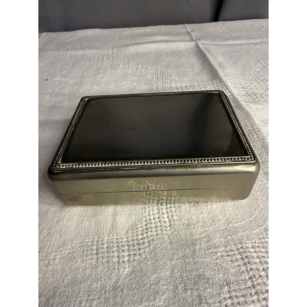 Silver Plated Jewelry Box vintage Blue Lining Mirror